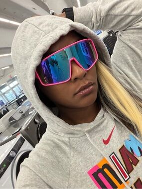 Nike Light Gray Hoodie with Pink-Trim Blue Mirrored Shades